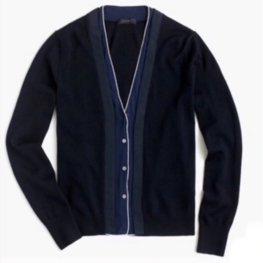 J. Crew Merino Wool Ribbon & Faux Shirt Navy Casual Cardigan Sweater S